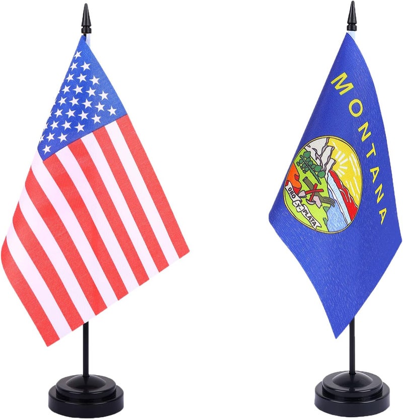 WXTWK 2 Pack USA Montana Flag Montana State Desk Flag Set - Mini Small Montana Table Office Flags with Black 12" Solid Pole Stand Base Classroom Meeting Desktop Decorations - Image 1